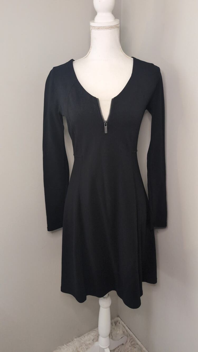 Athleta Fit Flare Dress XS Black Zip Front Long Sleeve Athleisure